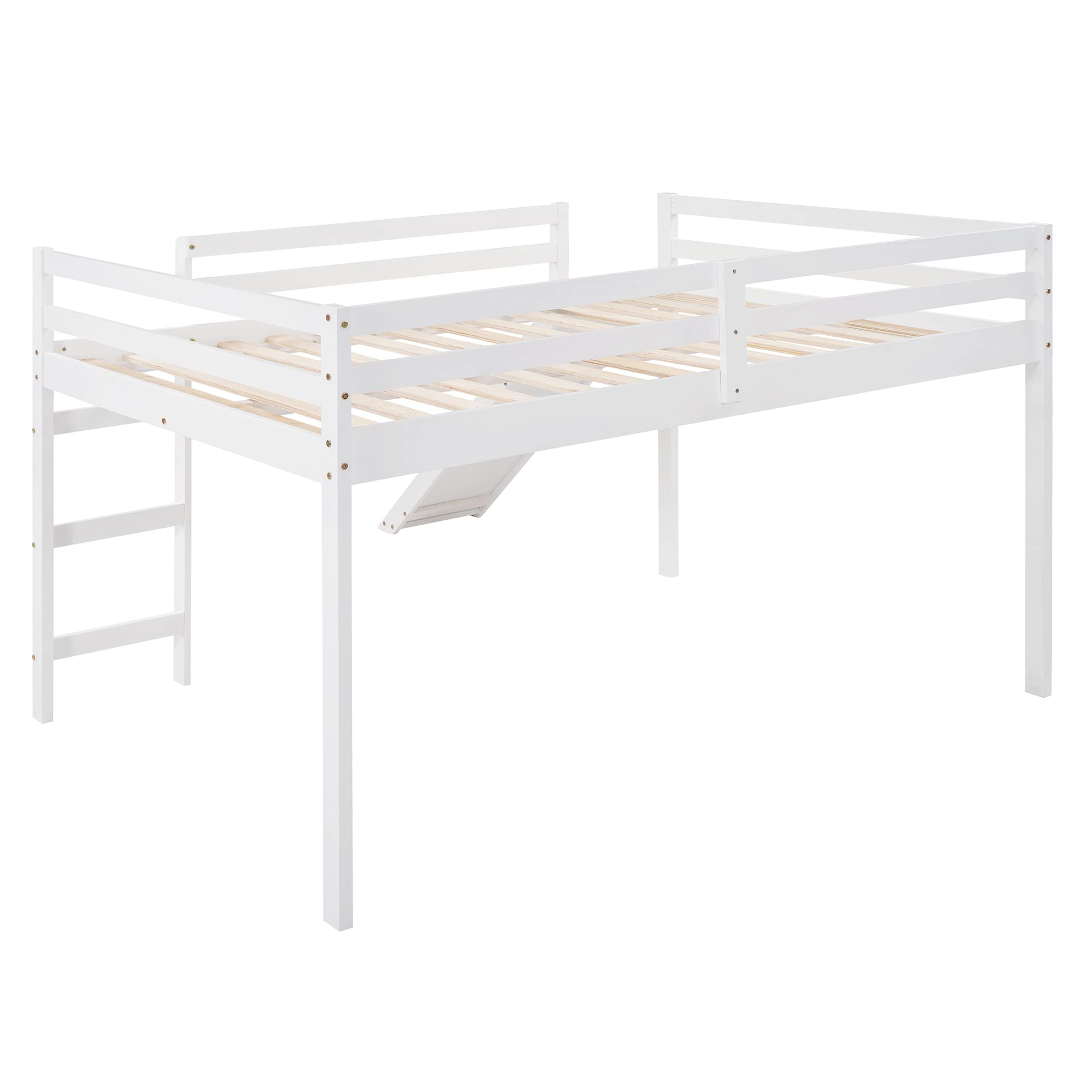 Harper & Bright Designs Full Size Loft Bed with Slide, Solid Wood Low Loft Bed Frame for Kids Girls Boys, Easy Assembly (White)