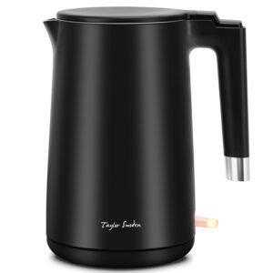 taylor swoden electric tea kettles for boiling water, double wall stainless steel 1.5l hot water boiler with auto shut-off & boil dry protection, cordless base & led indicator, 1500w, black