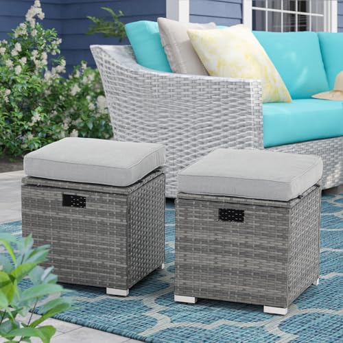 Patiorama 2 Piece Outdoor Patio Ottomans,All-Weather Grey PE Rattan Wicker Ottoman with Storage,Outdoor Footrest Footstool Seat w/Thick Cushion,Built-in Handle for Backyard Poolside Porch (Light Grey)