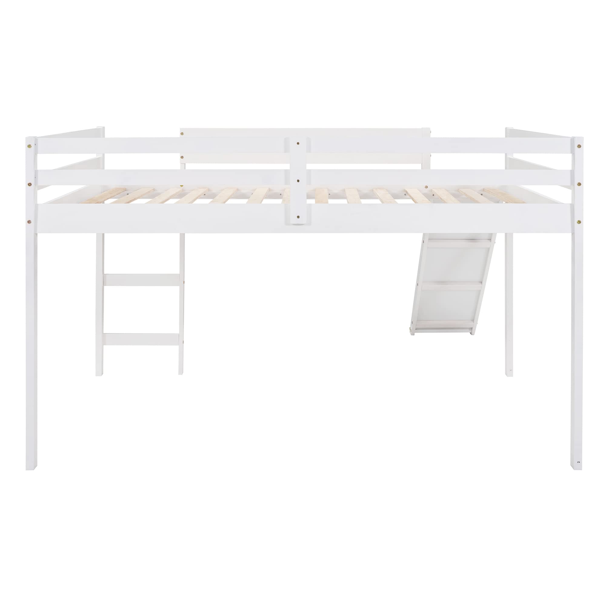 Harper & Bright Designs Full Size Loft Bed with Slide, Solid Wood Low Loft Bed Frame for Kids Girls Boys, Easy Assembly (White)