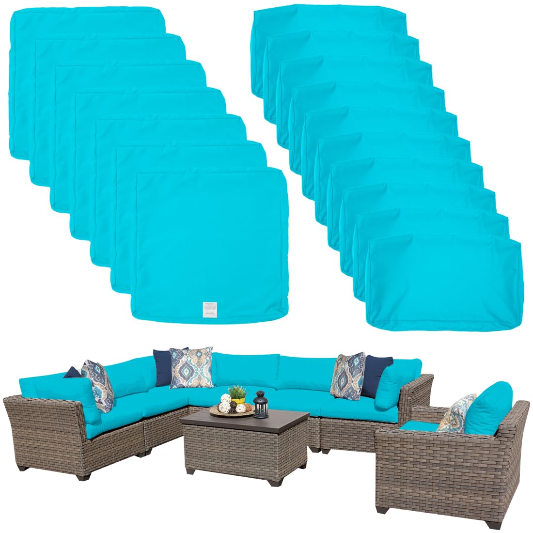 ClawsCover 17Pack Outdoor Seat and Back Cushions Replacement Covers Fit for 8 Pieces 7-Seater Wicker Rattan Patio Furniture Conversation Set Sectional Couch,Turquoise-Include Cover Only