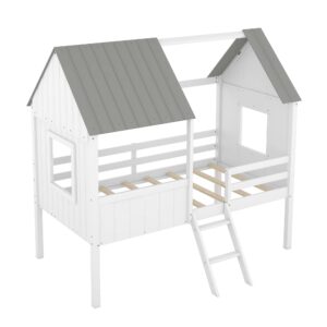 Twin House Bed for Kids Wood Low Loft Bed Frame with Windows and Roof, Easy Assembly, for Girls Boys (White+Gray)