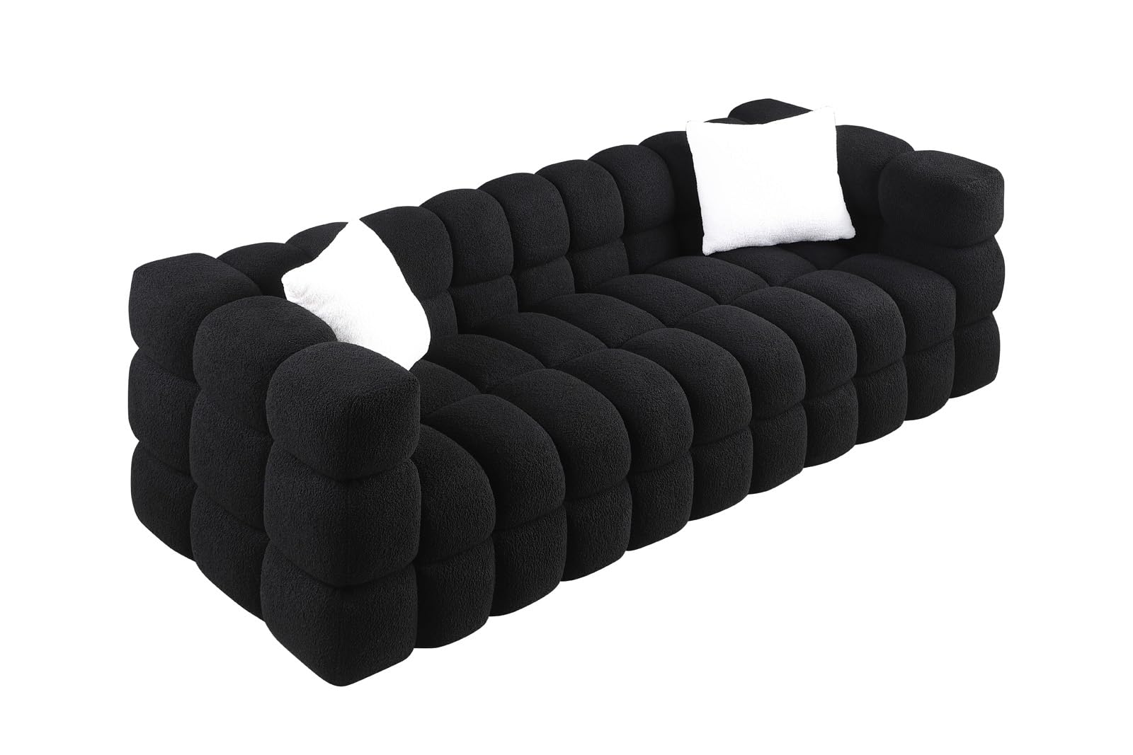 kevinplus 84.3'' Cloud Black Sofa Couch Boucle Chesterfield Sofa Couch for Living Room, Modern 3-Seat Upholstered Sectional Sofa Couch for Apartment Bedroom Dorm Office, Medium-Soft & 2 Pillows, Black