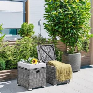 Patiorama 2 Piece Outdoor Patio Ottomans,All-Weather Grey PE Rattan Wicker Ottoman with Storage,Outdoor Footrest Footstool Seat w/Thick Cushion,Built-in Handle for Backyard Poolside Porch (Light Grey)