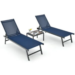 tangkula 3 piece patio chaise lounge set, aluminum patio recliner with coffee table, 6-level backrest adjustment, outdoor lounge chair & side table set for poolside, backyard (navy blue)