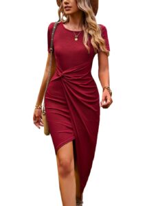 women's summer t shirt dress short sleeve tie waist ribbed irregular hem bodycon midi dresses red l