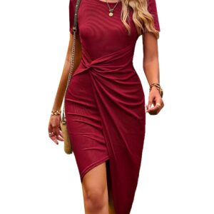 Women's Summer T Shirt Dress Short Sleeve Tie Waist Ribbed Irregular Hem Bodycon Midi Dresses Red L