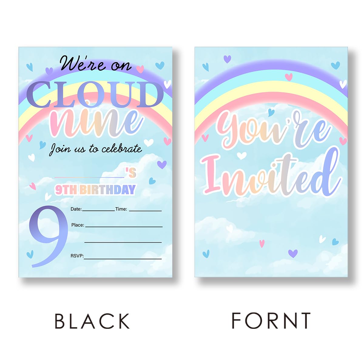 EUDOSI Rainbow Cloud 9th Birthday Party Invitations Supplies Fill-In Set of 20 with Envelopes Watercolor Cloud 9th Birthday Bash Invites Cards, Double Sided