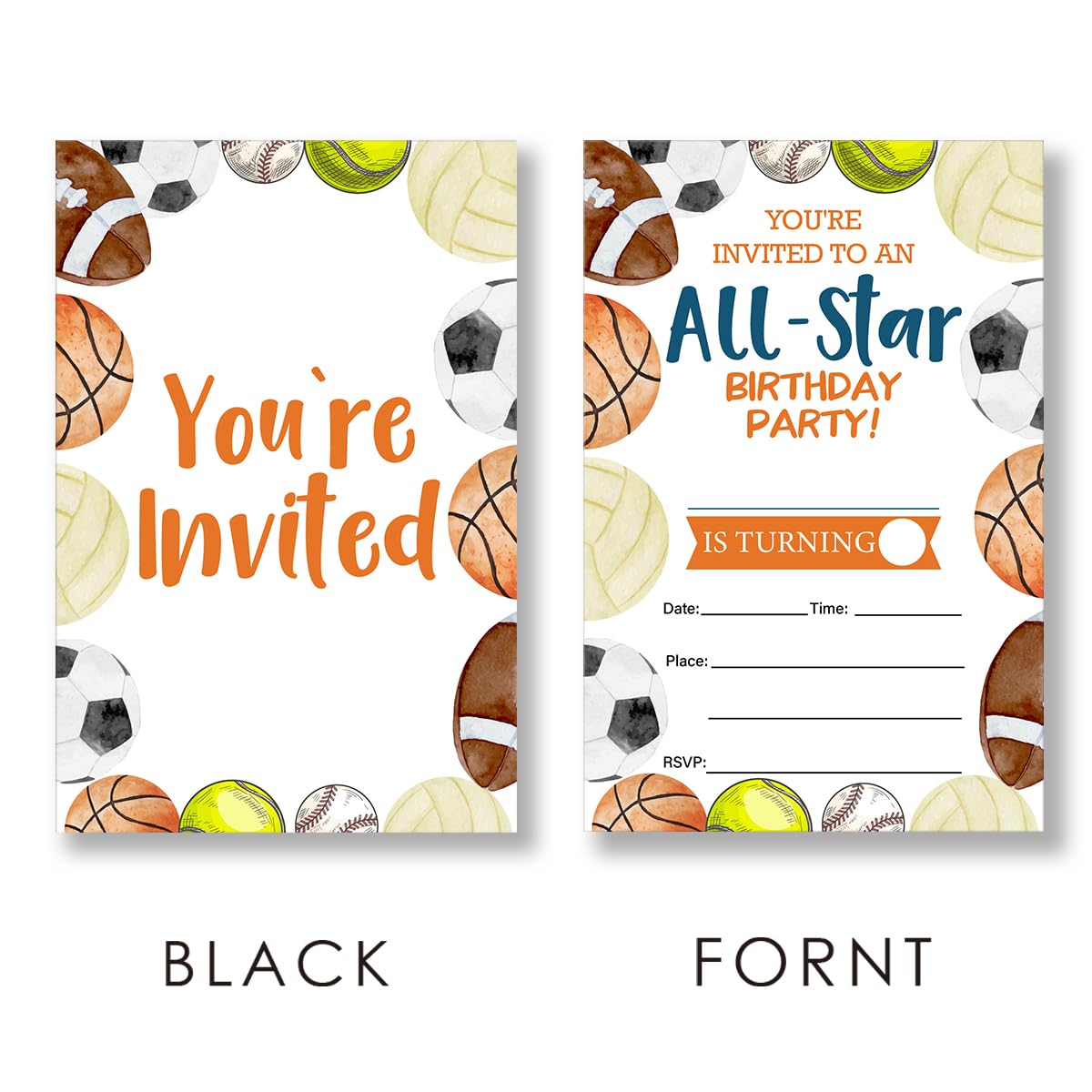 EUDOSI Colorful Sports Theme Birthday Party Invitations Supplies Fill-In Set of 20 with Envelopes Football Baseball Basketball Sports Birthday Bash Invites Cards, Double Sided