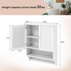 Tangkula Wall Mounted Bathroom Cabinet with Open Shelf & Bar, Medicine Cabinet with Double Louvered Doors, Wall Storage Cabinet with Adjustable Shelf, for Bathroom Living Room Kitchen (White)