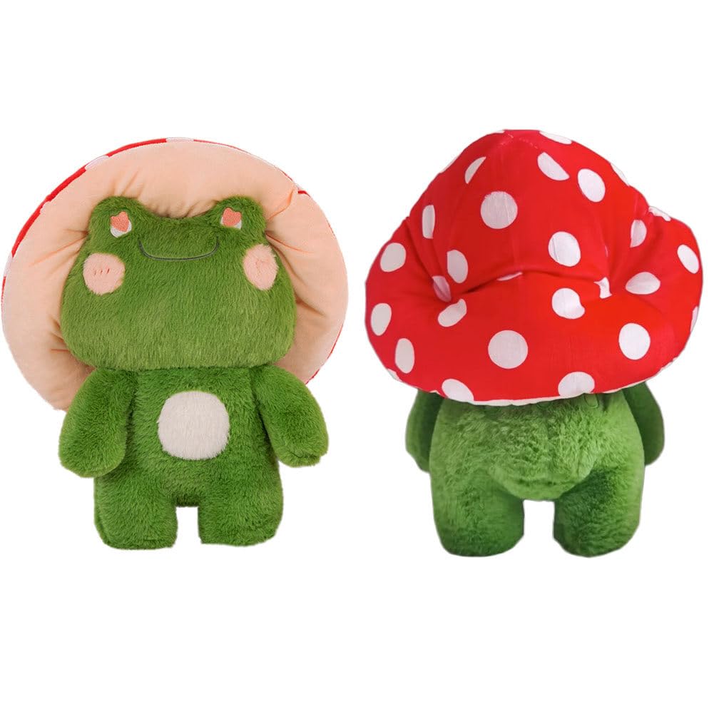 KOJAGARRI Cute Frog Red Hat, Kawaii Plush Toy Frog Fungus Plush Pillow,Interesting Throw Pillow Home Room Decor Kids Adults Birthday Gifts (Dark green frog wearing a red hat, 16.5 in)