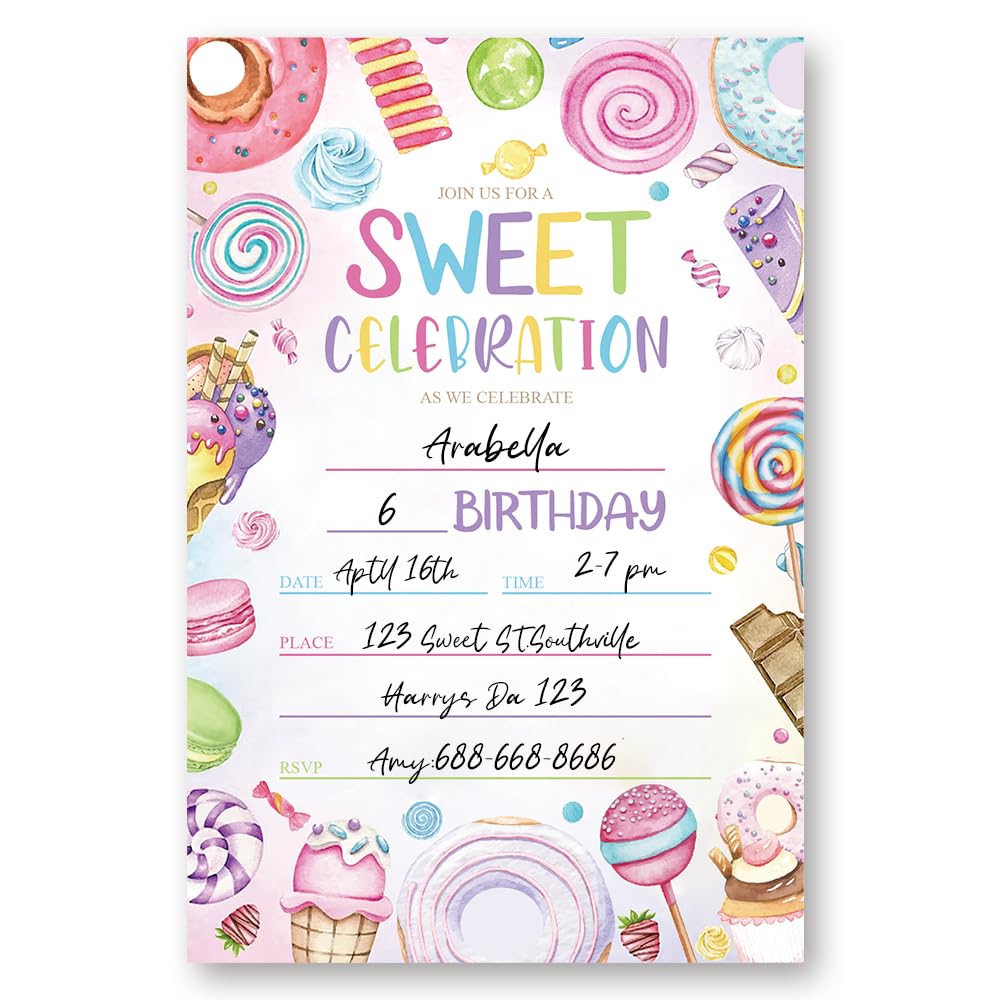 LoaHak Candyland Birthday Party Invitations Card For Kids, Sweet Candy Party, Candyland Birthday Invitation. (079)