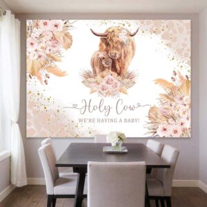 Ayayiya Boho Holy Cow Baby Shower Backdrop Highland Cow We are Having A Baby Bohemian Pink Floral Pampa Grass Photography Background Farm Animal Baby Shower Party Decorations Banner Supplies 5x3ft