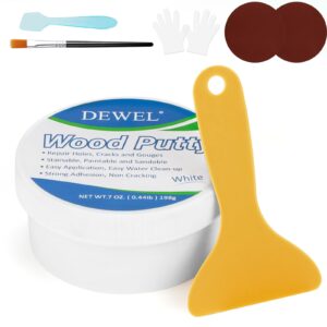 dewel wood putty, white wood filler, new upgrade wood putty filler paintable, stainable, sandable, wood furniture repair kit quickly restore wood hole, floor, door