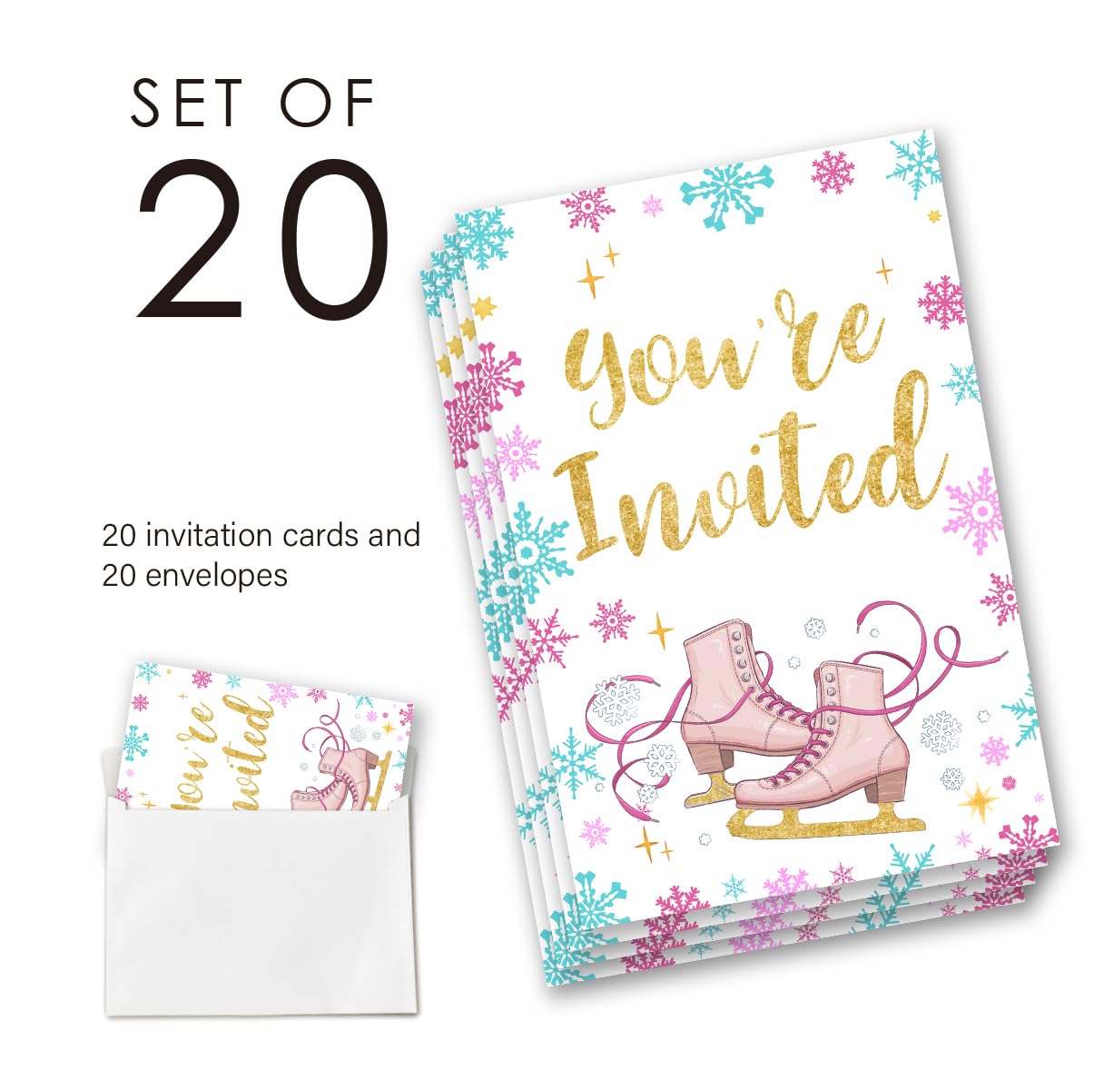 EUDOSI Ice Skating Birthday Party Invitations Supplies Fill-In Set of 20with Envelopes Skating Birthday Bash Invites Cards, Double Sided