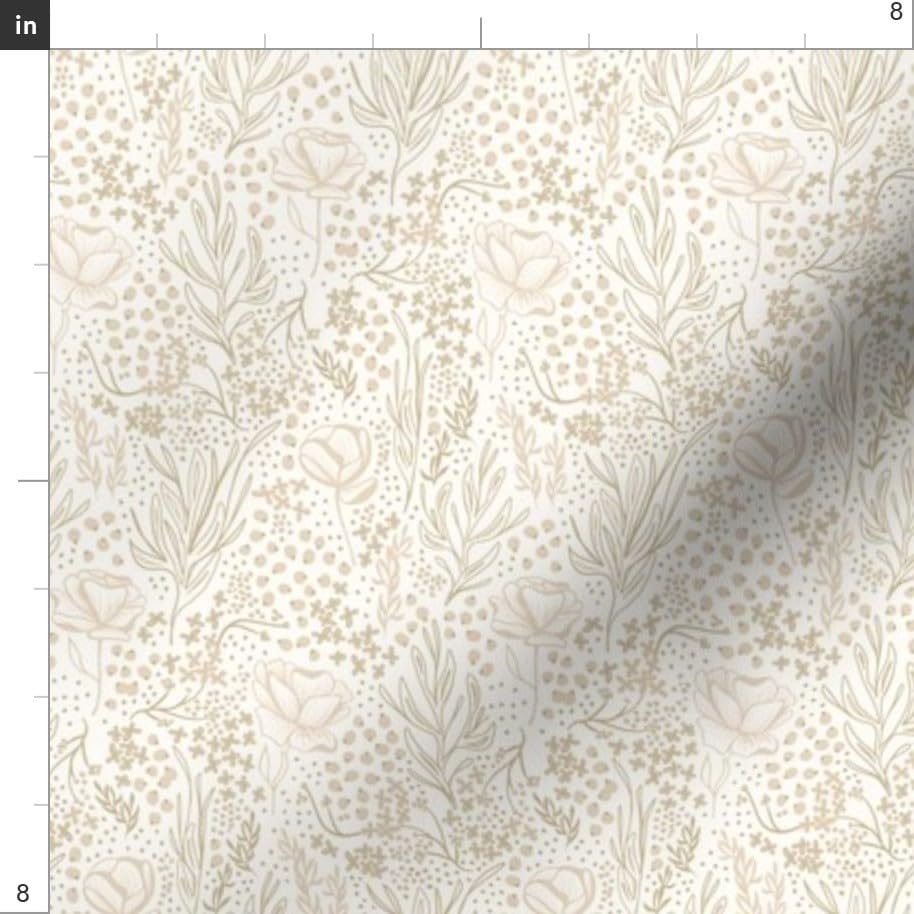 Spoonflower Fabric - Neutral Flowers Ditsy Beige Floral Hand Drawn Line Art Printed on Petal Signature Cotton Fabric by The Yard - Sewing Quilting Apparel Crafts Decor