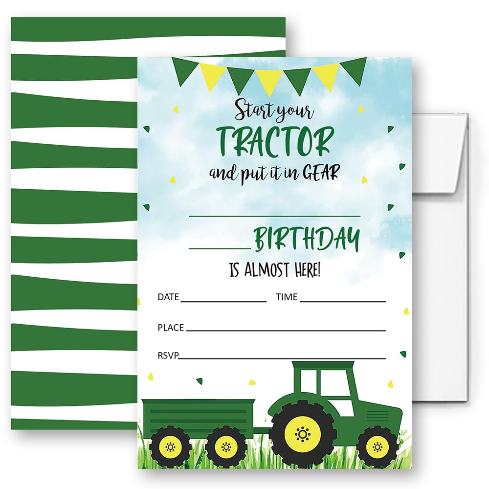 LoaHak Green Tractor Birthday Party Invitations Card For Kids, Tractor Party, Tractor Birthday Invitation. (084)