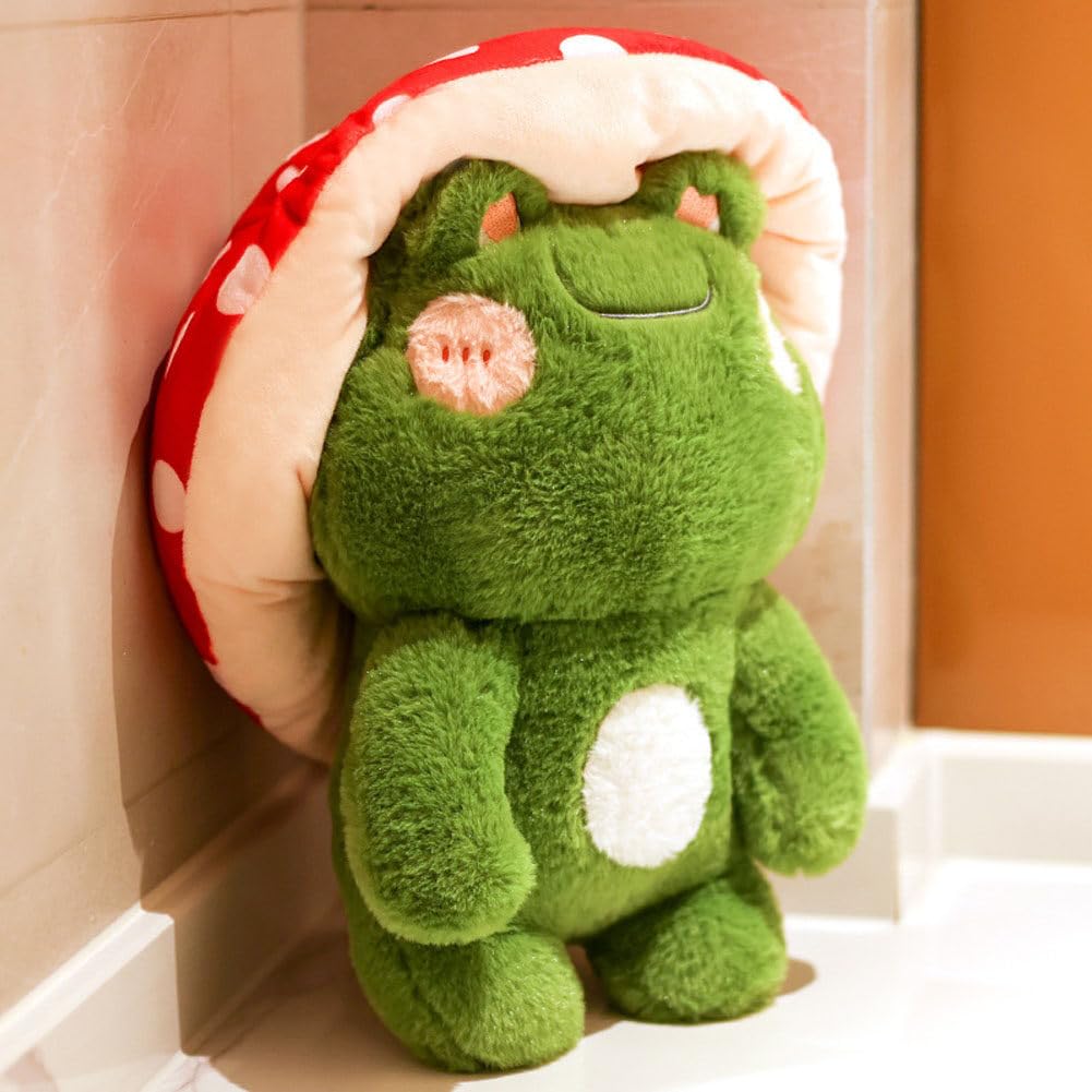 KOJAGARRI Cute Frog Red Hat, Kawaii Plush Toy Frog Fungus Plush Pillow,Interesting Throw Pillow Home Room Decor Kids Adults Birthday Gifts (Dark green frog wearing a red hat, 16.5 in)