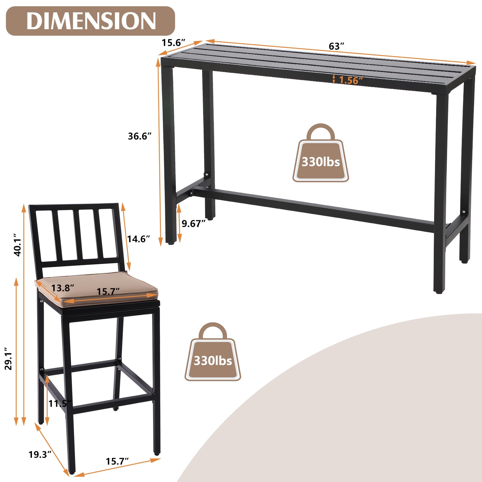 ONLYCTR Outdoor Bar Chairs and Table, Metal Outdoor Bar Set, 7 Piece Patio Bar Table Set with Bar Stools & Cushions for Backyard, Porch, Bistro, Balcony (Black, 63" Table, 6 Vertical Back stools)