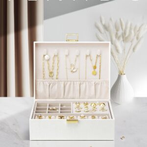 Vlando 2 Layer Jewelry Box Large Jewelry Organizer for Women Removable Jewelery Tray for Necklace Earrings Rings Bracelets Jewelry Boxes for Christmas Gifts Wedding Gifts (Cream White)