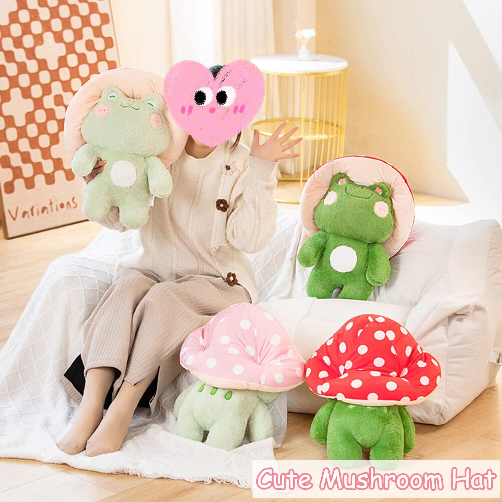 KOJAGARRI Cute Frog Red Hat, Kawaii Plush Toy Frog Fungus Plush Pillow,Interesting Throw Pillow Home Room Decor Kids Adults Birthday Gifts (Dark green frog wearing a red hat, 16.5 in)