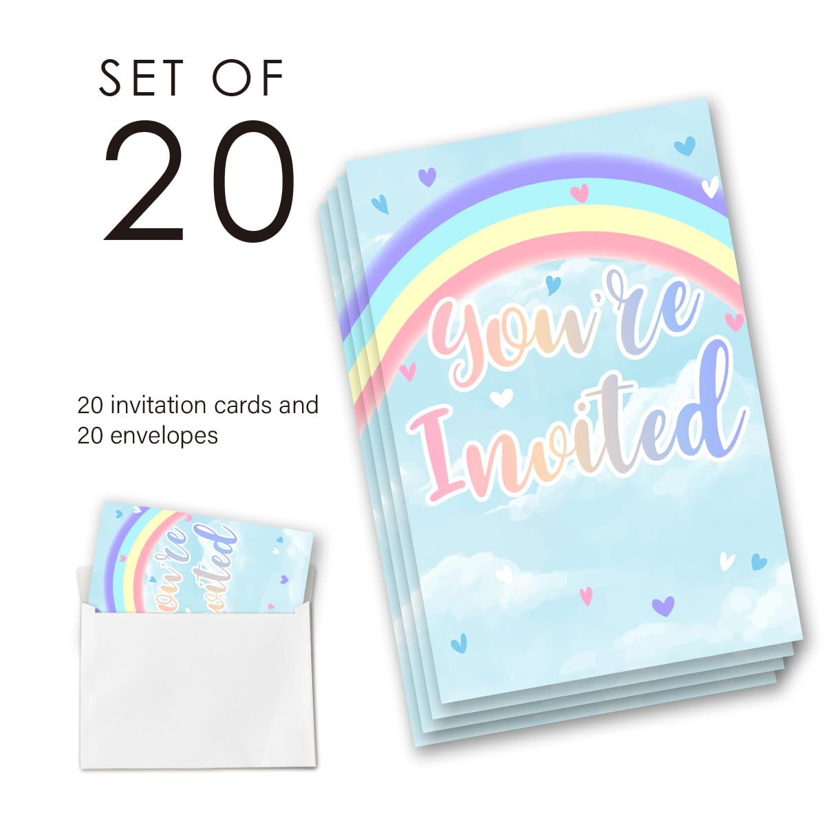 EUDOSI Rainbow Cloud 9th Birthday Party Invitations Supplies Fill-In Set of 20 with Envelopes Watercolor Cloud 9th Birthday Bash Invites Cards, Double Sided