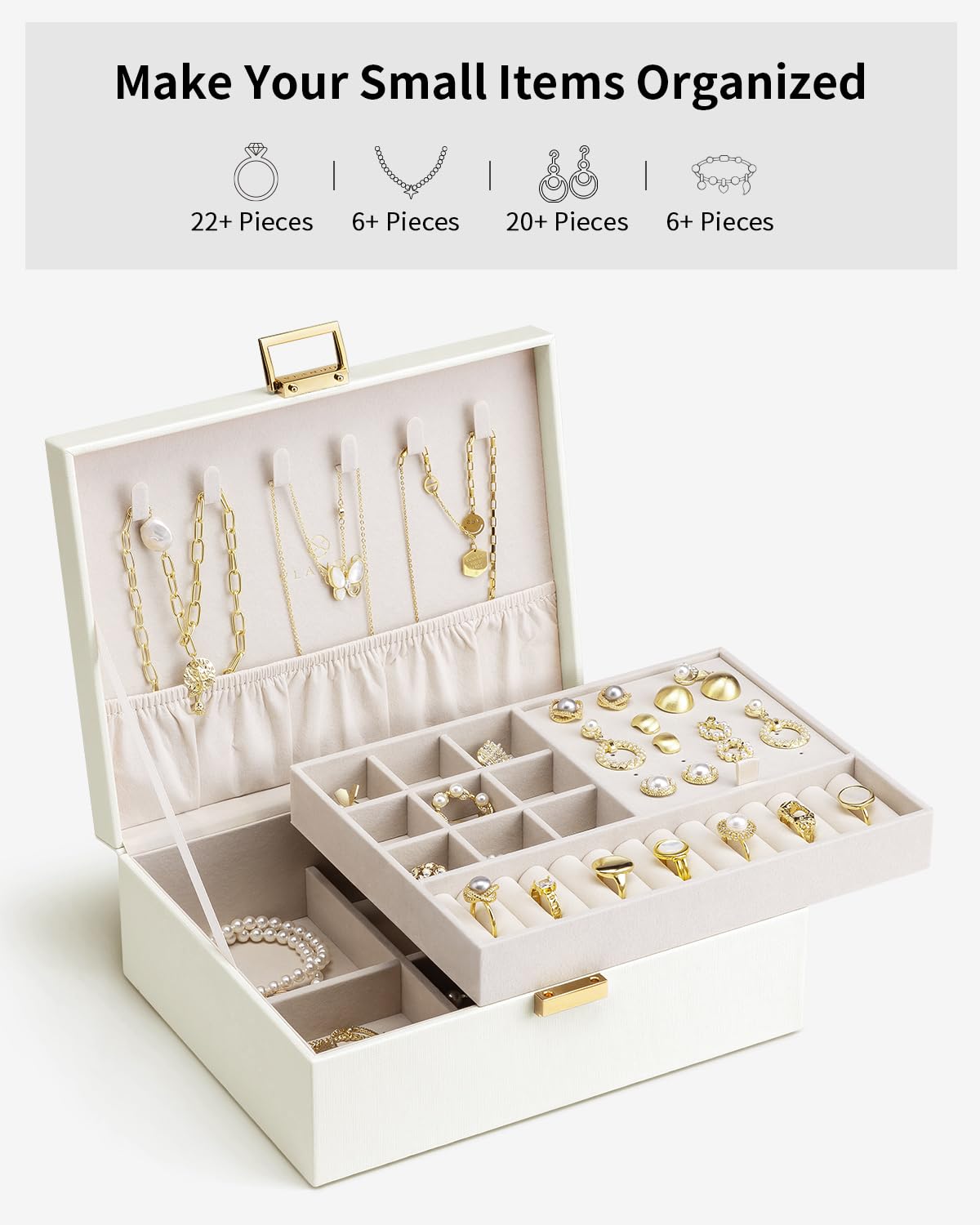 Vlando 2 Layer Jewelry Box Large Jewelry Organizer for Women Removable Jewelery Tray for Necklace Earrings Rings Bracelets Jewelry Boxes for Christmas Gifts Wedding Gifts (Cream White)