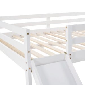 Harper & Bright Designs Full Size Loft Bed with Slide, Solid Wood Low Loft Bed Frame for Kids Girls Boys, Easy Assembly (White)