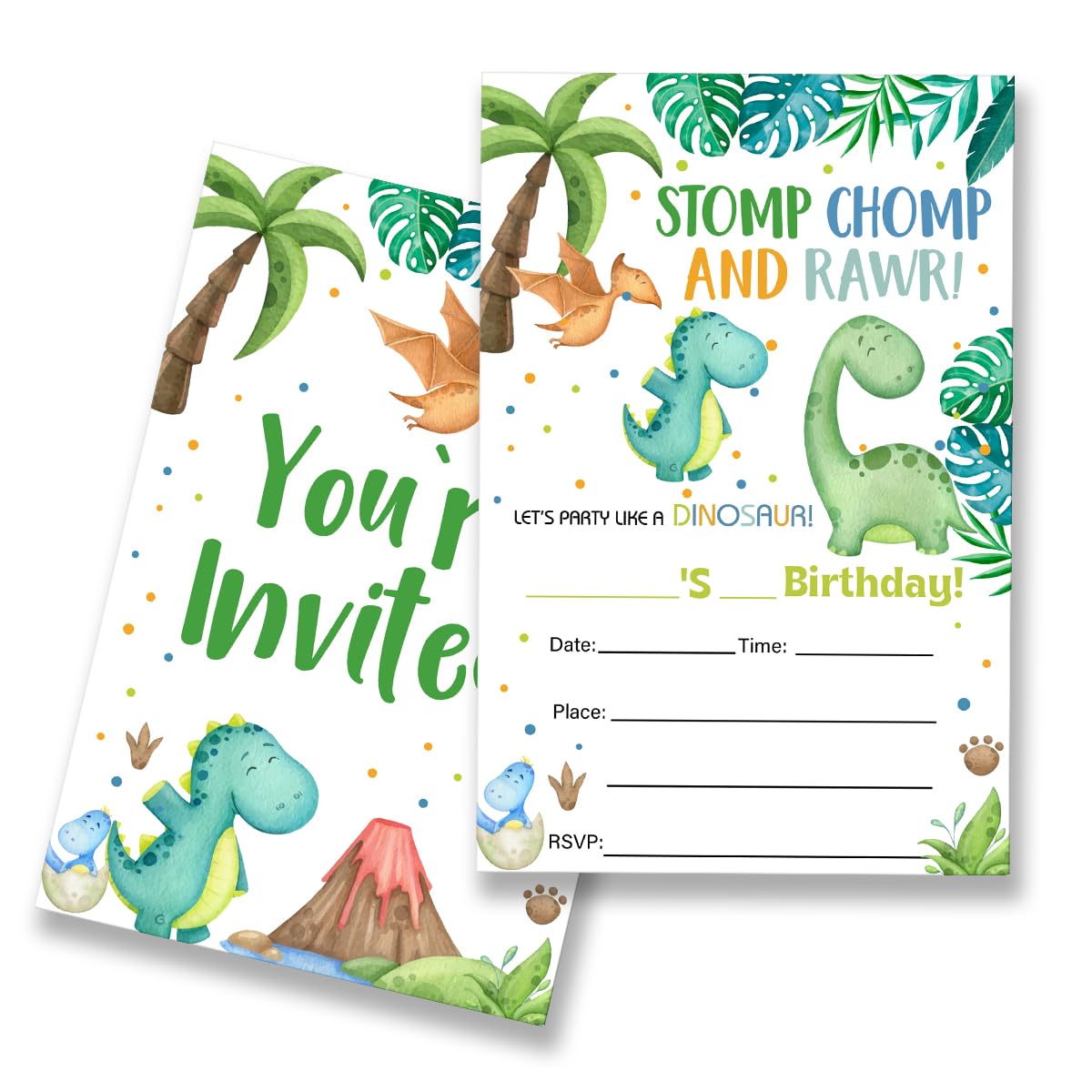 EUDOSI Dinosaur Birthday Party Invitations Supplies Fill-In Set of 20 with Envelopes Dino Theme Birthday Bash Invites Cards, Double Sided