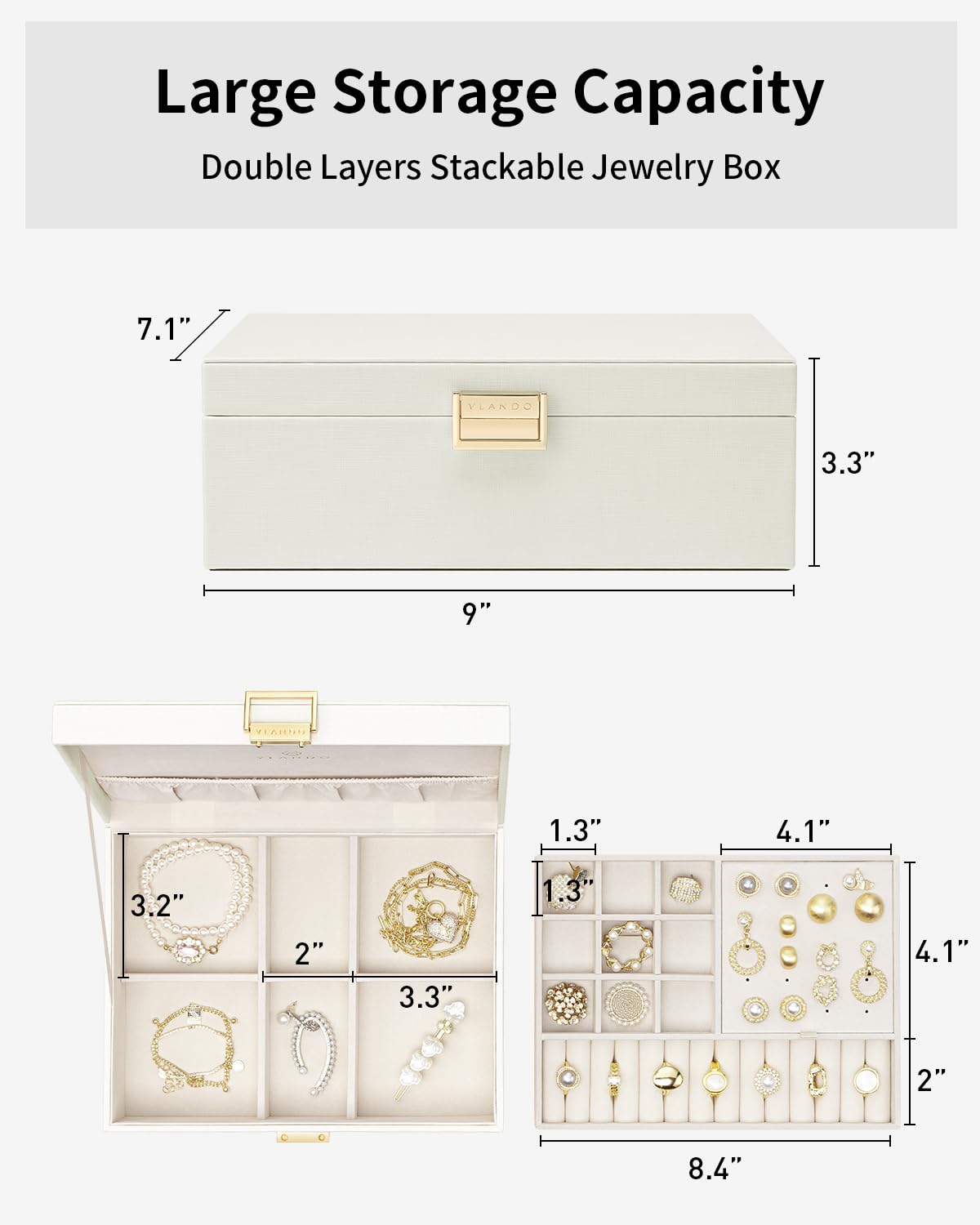 Vlando 2 Layer Jewelry Box Large Jewelry Organizer for Women Removable Jewelery Tray for Necklace Earrings Rings Bracelets Jewelry Boxes for Christmas Gifts Wedding Gifts (Cream White)