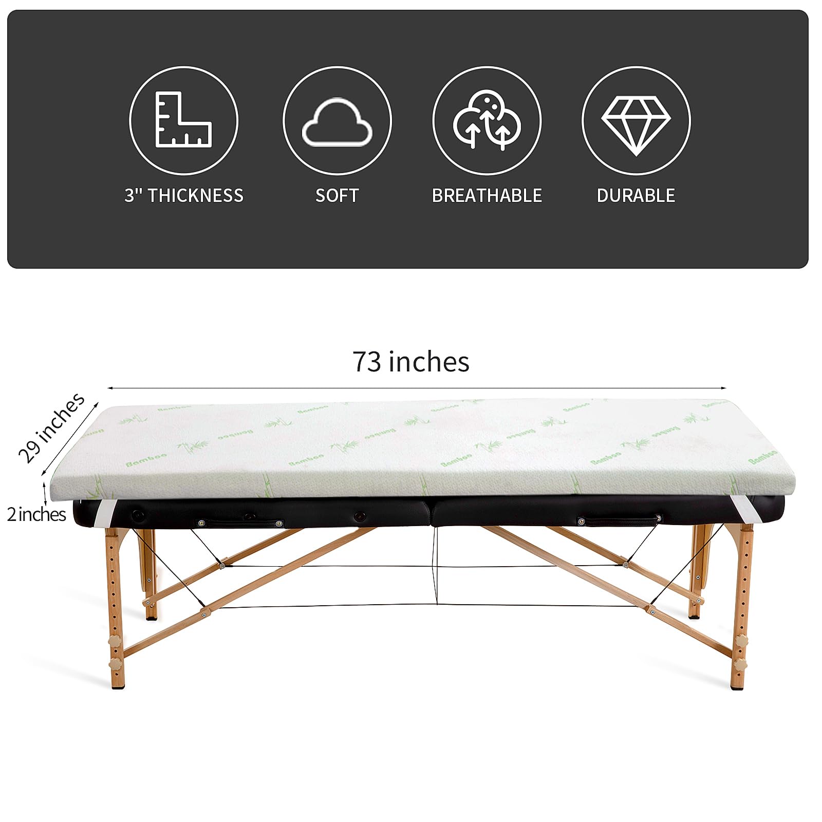 HOMBYS Memory Foam Massage Bed Mattress Topper with Cooling Rayon Derived from Bamboo Cover, Massage Table Mattress Topper with Elastic Bands, Non-Slip Lash Bed Cushion Only (Bed Not Included)