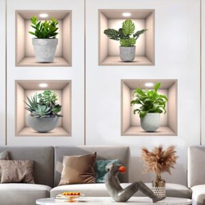 iMagitek 4 Pack 3D Green Plants Wall Stickers Botanical Plants Wall Decals for Bedroom Living Room Kitchen