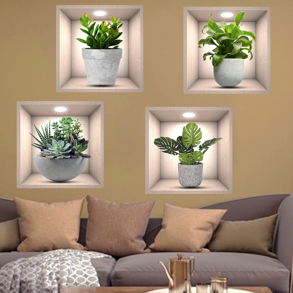 iMagitek 4 Pack 3D Green Plants Wall Stickers Botanical Plants Wall Decals for Bedroom Living Room Kitchen