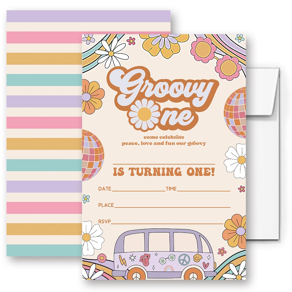 LoaHak Groovy One Birthday Party Invitations Card, Groovy One Party, Groovy One Birthday Invitation. (090)