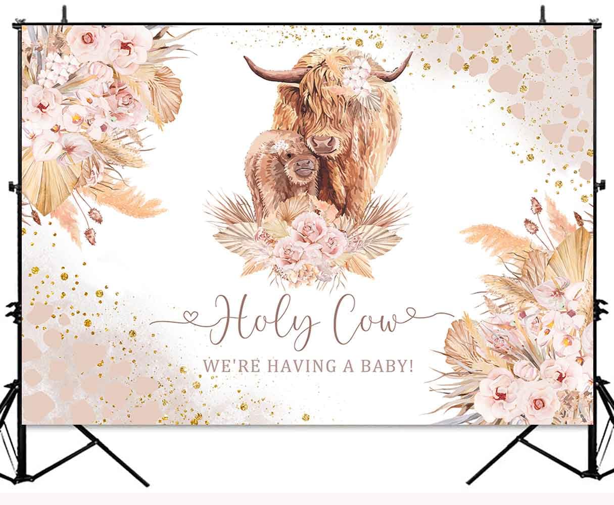 Ayayiya Boho Holy Cow Baby Shower Backdrop Highland Cow We are Having A Baby Bohemian Pink Floral Pampa Grass Photography Background Farm Animal Baby Shower Party Decorations Banner Supplies 5x3ft