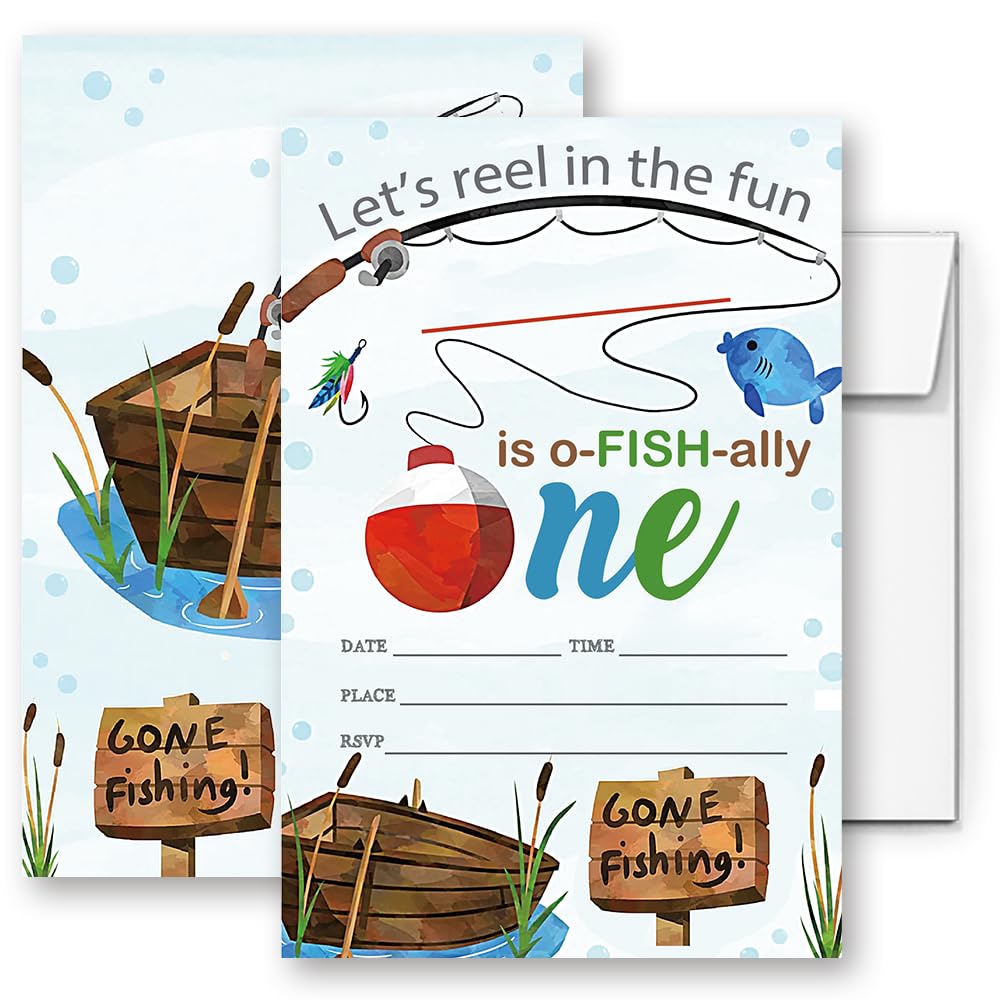 LoaHak Fishing 1st O-Fish-Ally One Birthday Decorations, Fishing Party Celebration, Fishing Invitations For Birthday. (086)