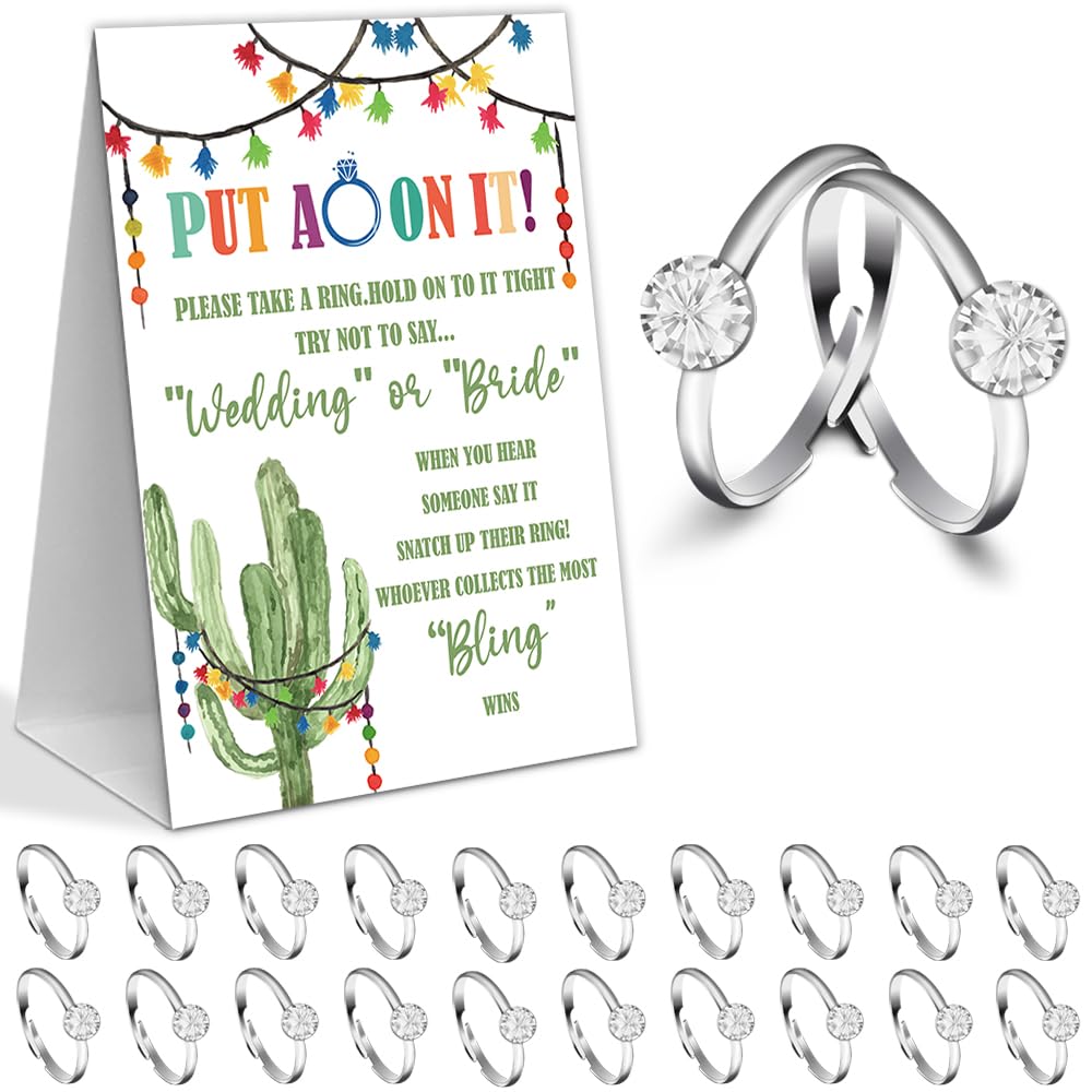 Fiesta Bridal Shower Theme Decorations,Put A Ring On It Game,Don't Say Bride Games,Bridal Shower Games,Wedding Shower,Engagement Party Games(1 Sign And 50 Plastic Diamond Rings)-6