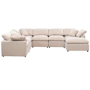 WILLIAMSPACE 130.2" Oversized Beige Sectional Couch Sofa for Living Room, Modular Upholstered Sofa Couch with Ottoman, L Shaped Corner Sectional with 5 Pillows for Spacious Space (Beige)