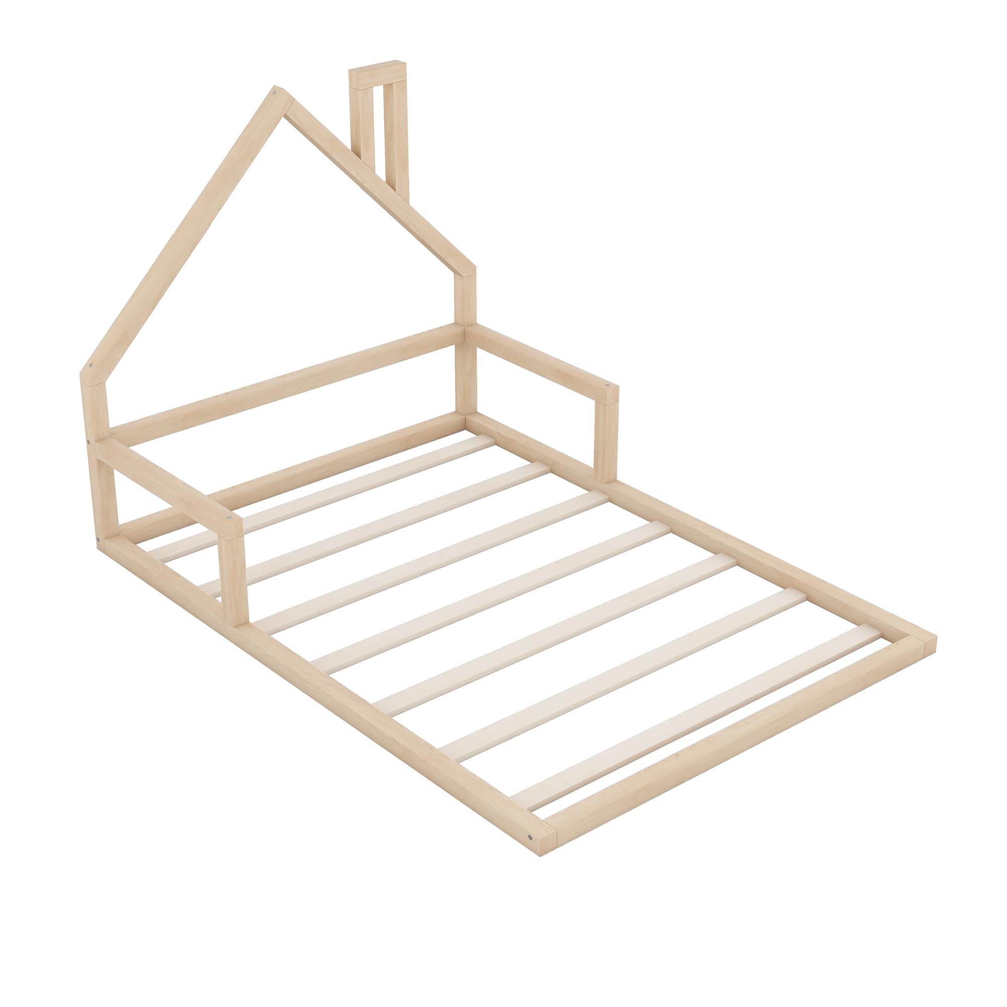 Floor Bed for Kids, Full Size Montessori Bed with House Shape Headboard and Railings, Wood House Bed with Slats for Boys Girls, Low to Ground Height, No Box Spring Needed, Natural