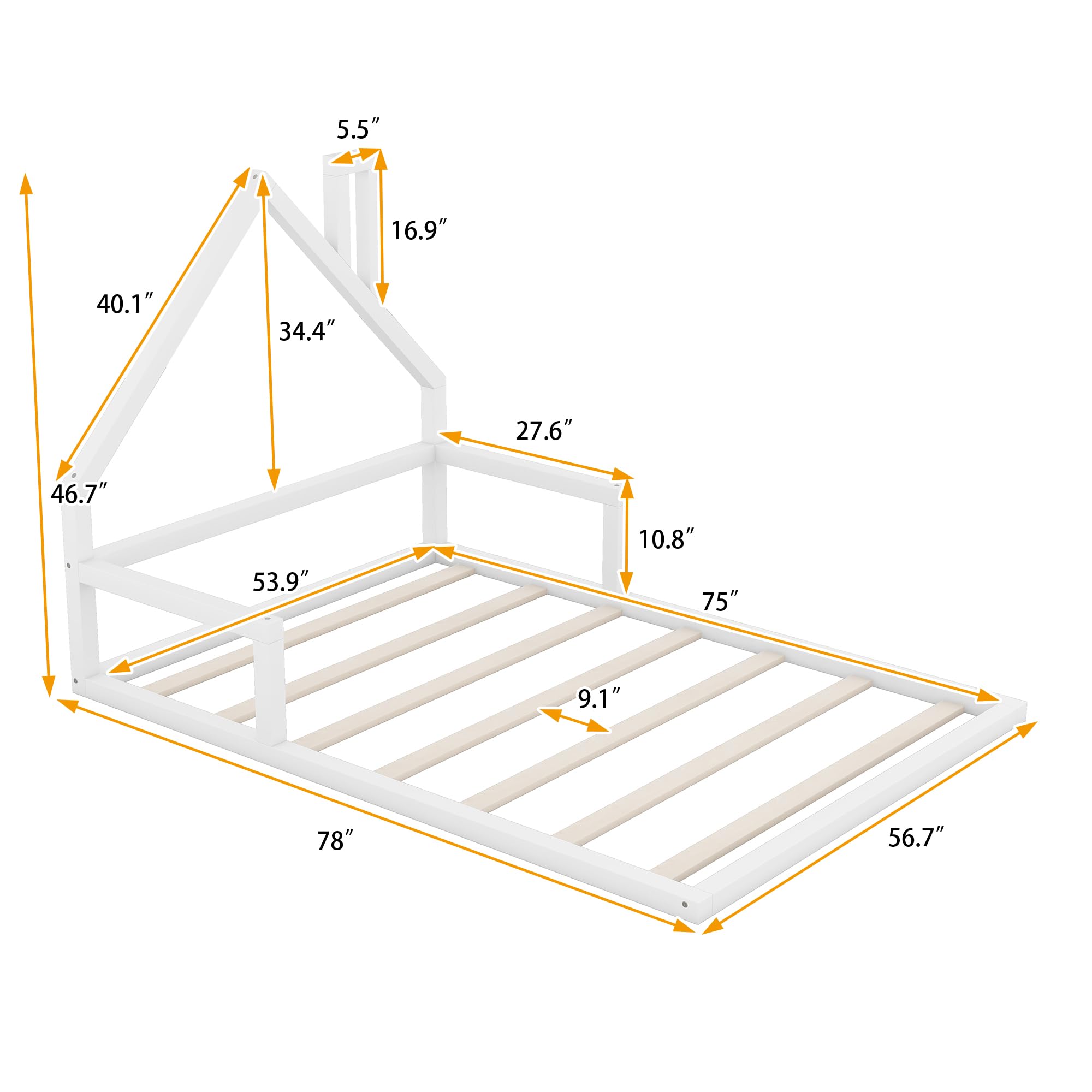 Floor Bed for Kids, Full Size Montessori Bed with House Shape Headboard and Railings, Wood House Bed with Slats for Boys Girls, Low to Ground Height, No Box Spring Needed, White