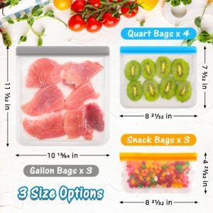 10 Pack Reusable Bags Silicone,Reusable Freezer Bags with Zipper,Silicone Bags Leakproof Reusable Silicone Food Storage Bags for Meat,Lunch,Travel-3 Gallon Bags 3 Snack 4 Sandwich Bags