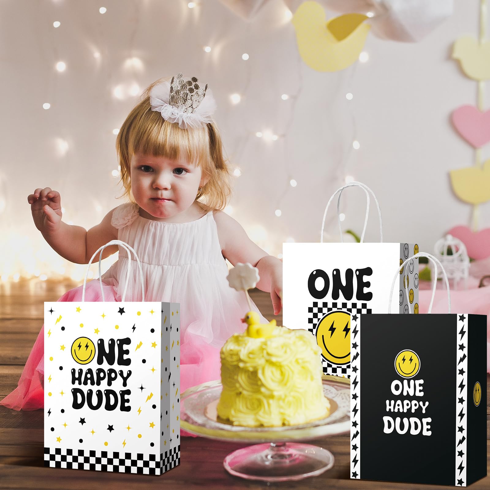 Yeaqee 24 Pcs One Happy Dude Party Favor Bags 1st Birthday Party Decoration Smile Face Paper Gift Bags One Happy Dude Goodie Treat Candy Bag for One Happy Dude Birthday Party Supplies(Handles Style)