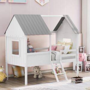 twin house bed for kids wood low loft bed frame with windows and roof, easy assembly, for girls boys (white+gray)