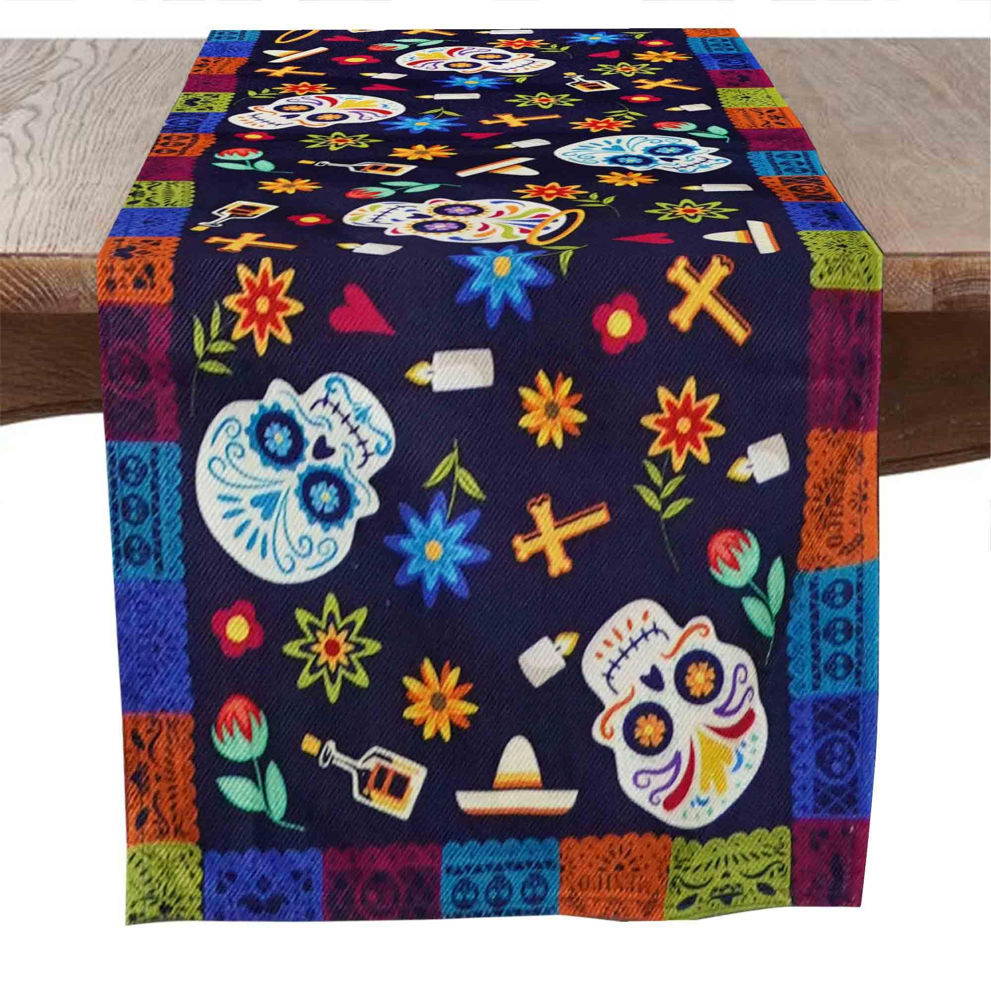 Dia De Los Muertos Table Runner | Day of The Dead Decoration | 13x72 Inch | Burlap Mexico Outdoor Indoor Decor for Mexican Fiesta Party Kitchen Dinning Room Home