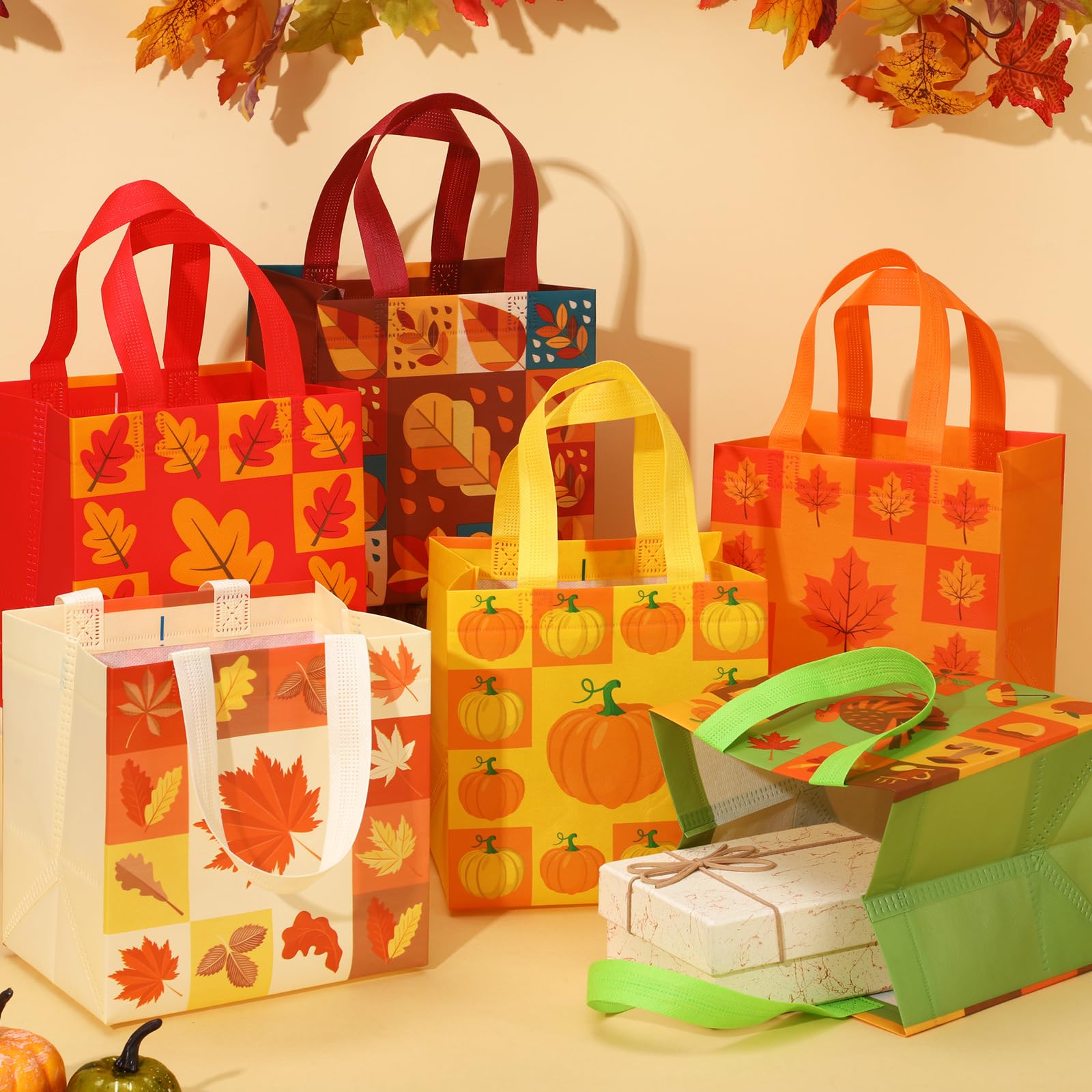 Sanwuta 48 Pcs Fall Non Woven Tote Bags Thanksgiving Party Bags with Handles Waterproof Autumn Treat Favor Bag Pumpkin Goodie Bag Gift Candy Bags Thanksgiving Party Favor Supplies (Simple Style)