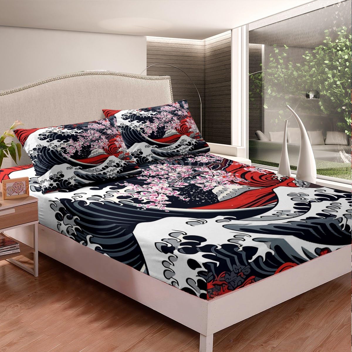 Japanese-Style Fitted Sheet Full, Cherry Blossoms Bed Sheets, Cartoon Ukiyoe Ocean Waves Sheets, Aesthetic Grey Red Pink Floral Abstract Room Decor Bed Set for Boys Teens Girls