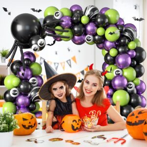 Halloween Balloons Garland Arch Kit Black Purple Green Lime Fruit Green Latex Balloon Metallic Purple Agate Black Long Balloons White Eye Balloons for Halloween Spider Party Decorations