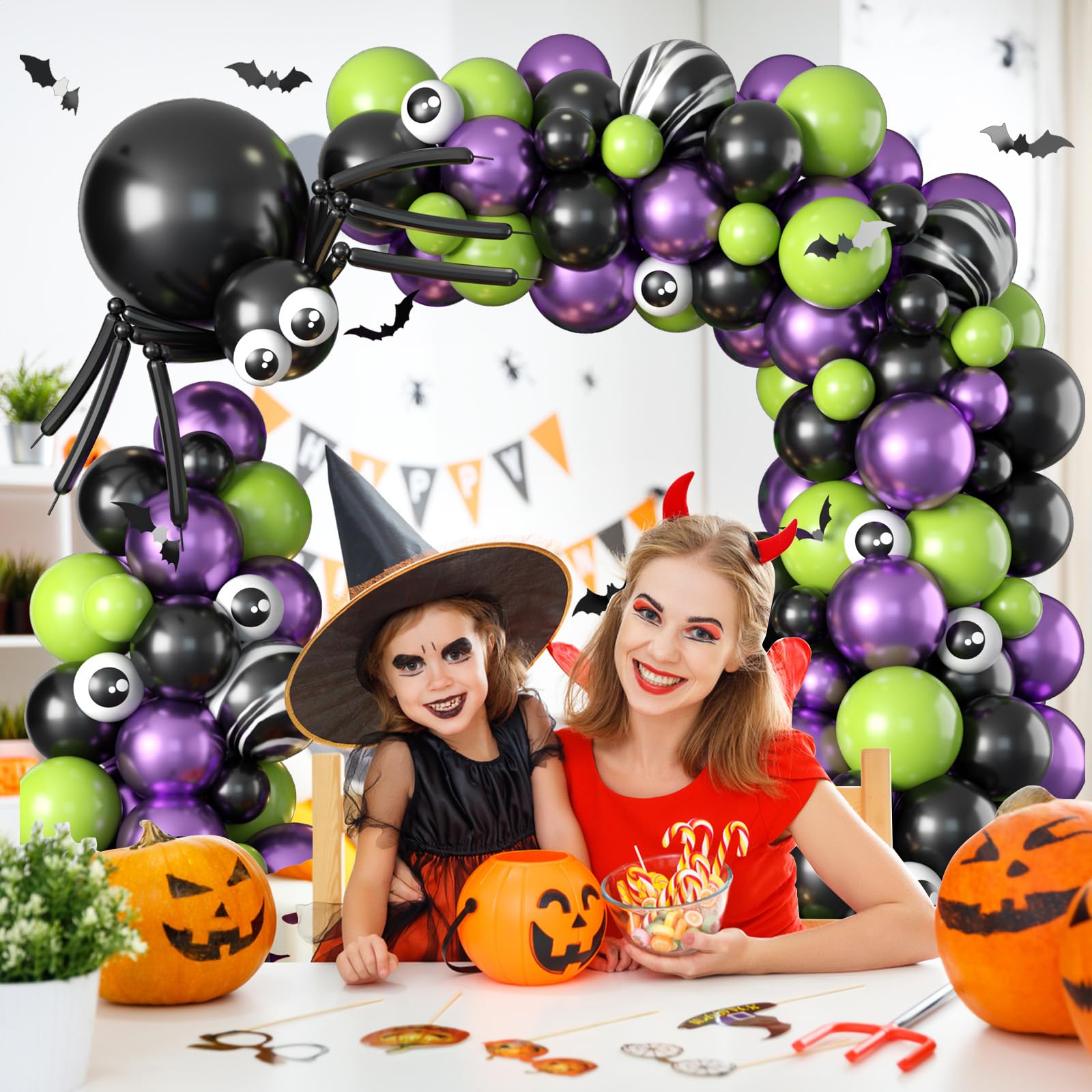 Halloween Balloons Garland Arch Kit Black Purple Green Lime Fruit Green Latex Balloon Metallic Purple Agate Black Long Balloons White Eye Balloons for Halloween Spider Party Decorations