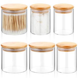 dandat 6 pack glass apothecary jars with lids bamboo bathroom jars cotton ball pad round swab holder dispenser vanity canisters for countertop storage hair ties floss organizer, 8.5 oz and 10.8 oz