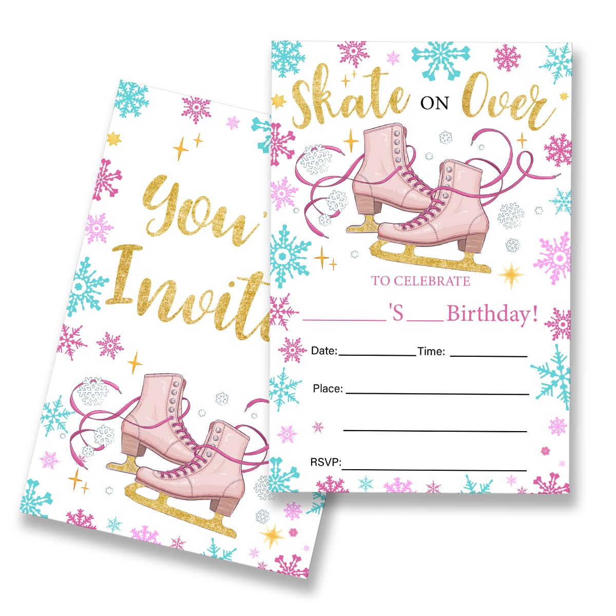 EUDOSI Ice Skating Birthday Party Invitations Supplies Fill-In Set of 20with Envelopes Skating Birthday Bash Invites Cards, Double Sided